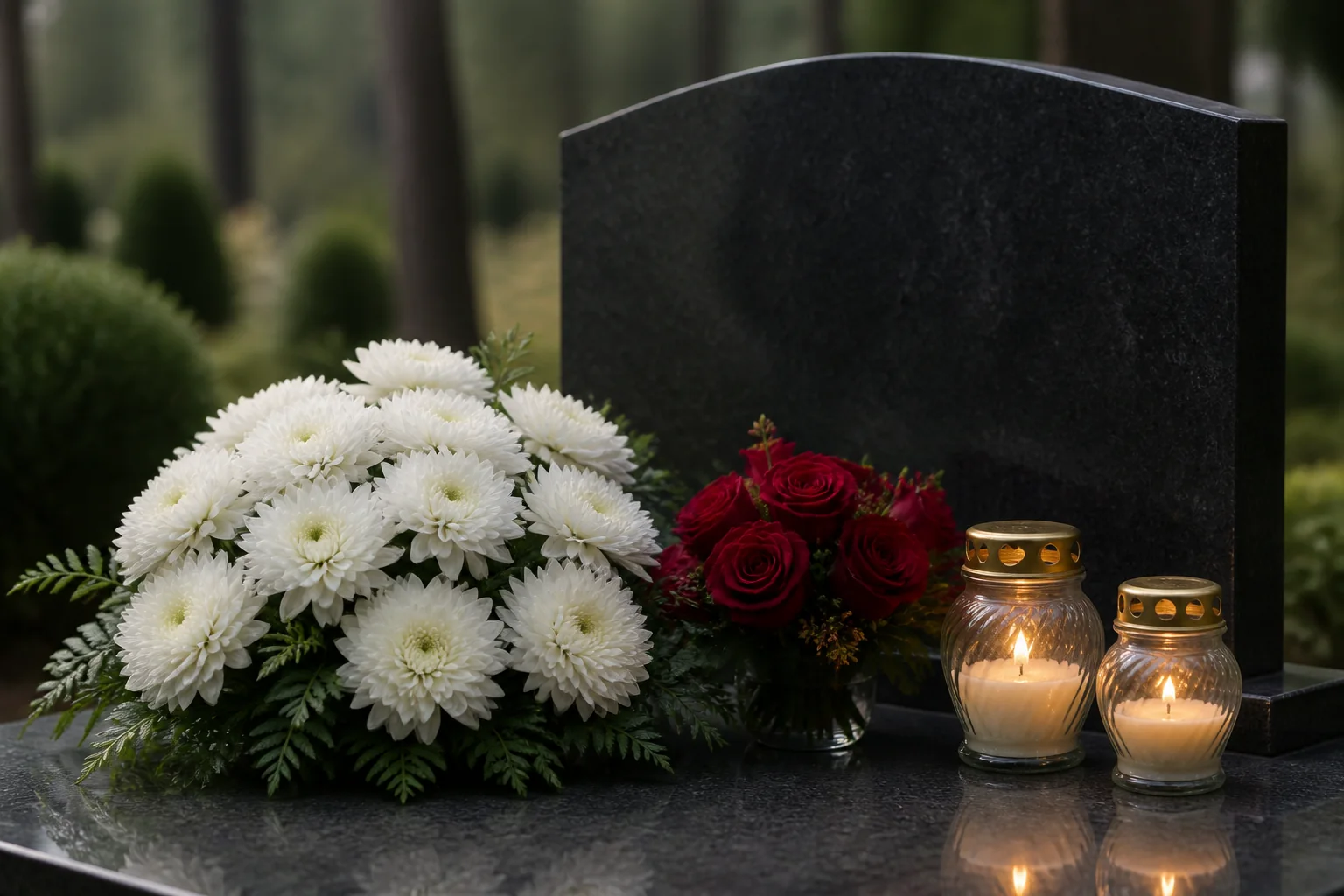 Baltų chrizantemų, bordo rožių ir stiklinių atminimo žvakių kompozicija prie kapavietės